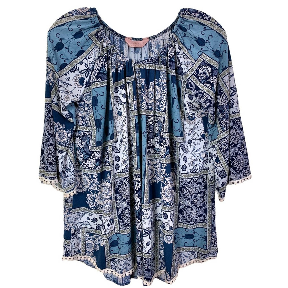 SJS BLOUSE FLORAL/MULTICOLORS SIZE L ROUND ELASTIC NECK 3/4 SLEEVES EMBROIDERY